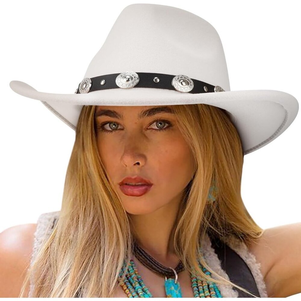 Women's White Western with Rhinestone Band Buckle Classic Fedora Cowboy Felt Hat